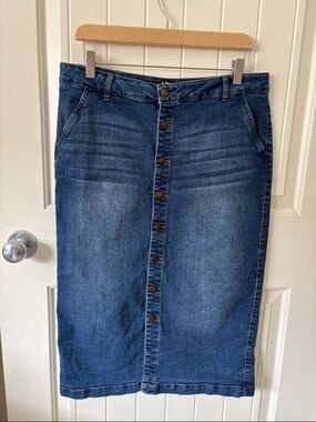 d.jeans Denim Button Front Skirt Size 14 Stretch Midi Blue Jean Skirt